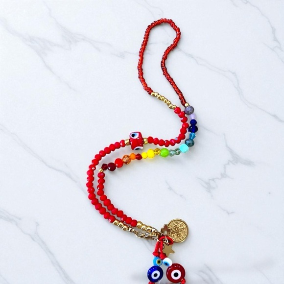 Vibrant Red Hand Beaded Rainbow and Evil Eye Protection Necklace 16” - Picture 16 of 17